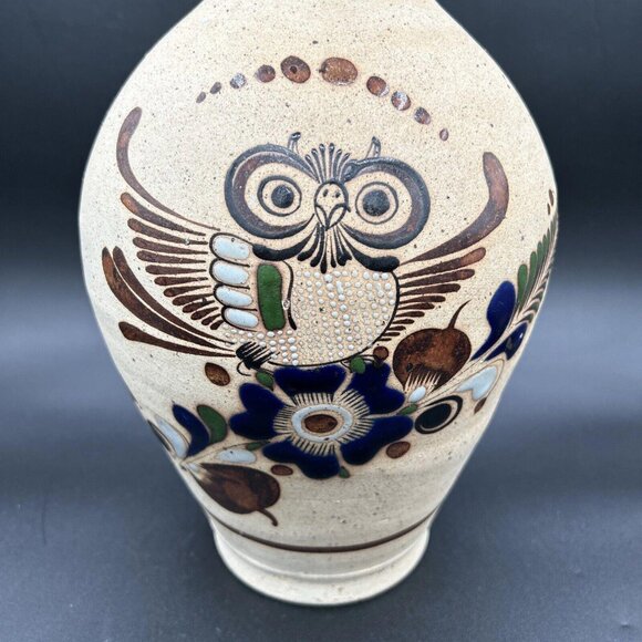 Vtg Tonala Mexican Pottery Vase Owl Floral Sandstone Folk Art Mexico Signed Lrg - Picture 2 of 9